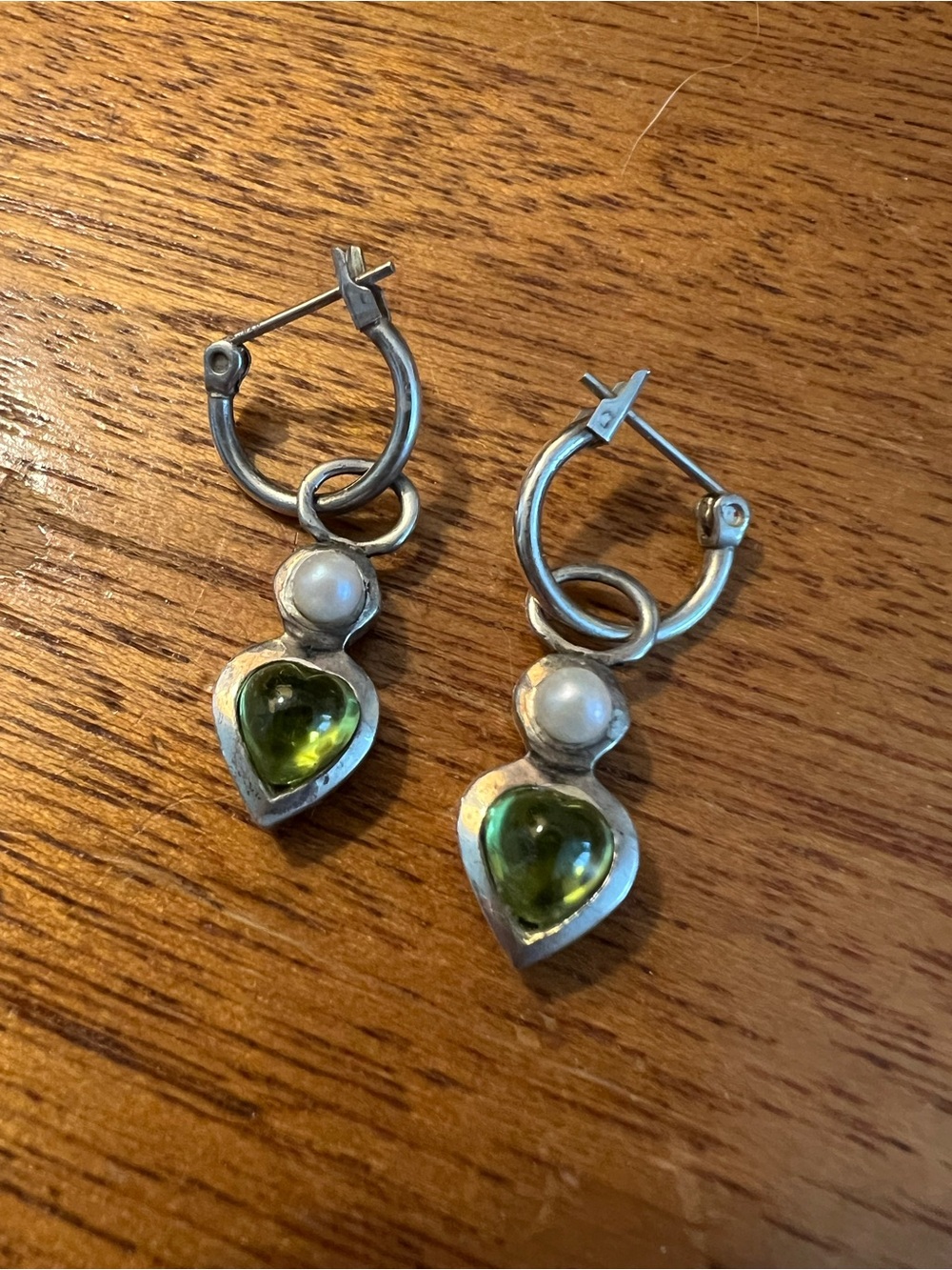 BETTINA DUNCAN Sterling Dangle Hoop Earrings with Green Stone and Pearl